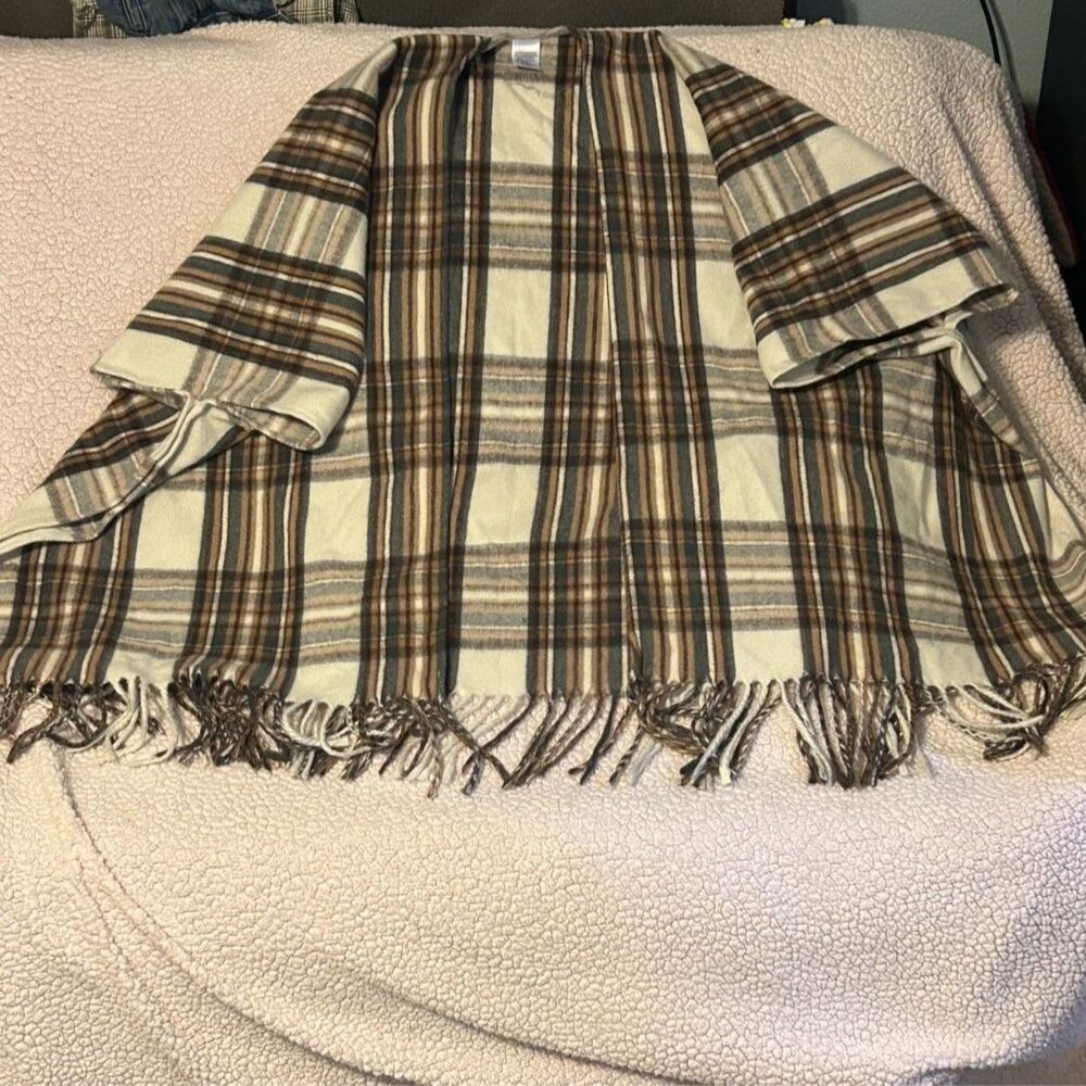 Cabincore Brown Plaid Open Front Fringe Poncho Wrap